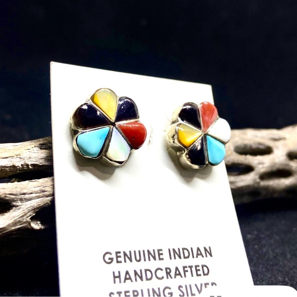 Zuni Raymond Bobelu Sterling Multi Inlay Earrings